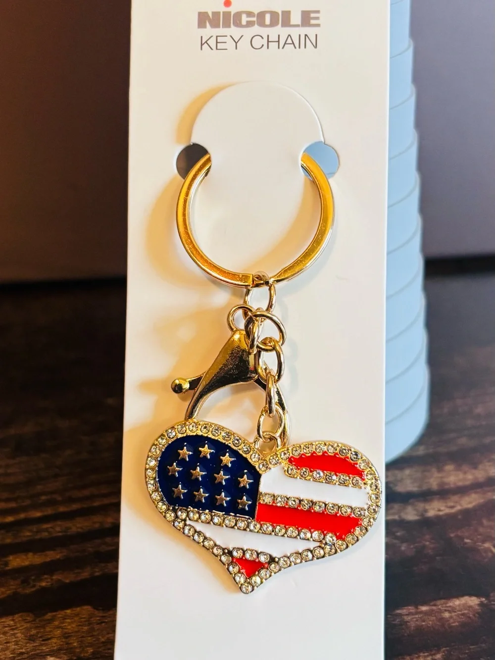 Patriotic Heart Keychain Charm - Gold Tone with Red, White & Blue